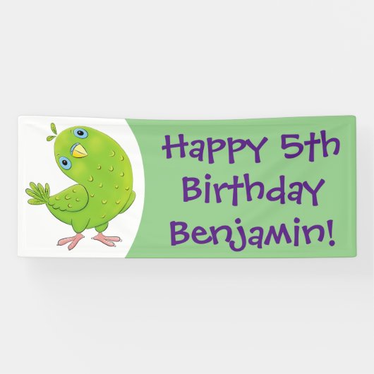 可愛い緑の好奇心のインコ漫画イラストレーション 横断幕 (横)