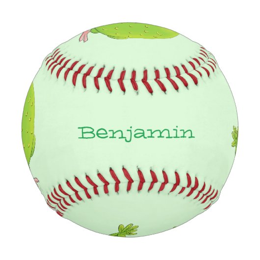 可愛い緑の好奇心のインコ漫画イラストレーション 野球ボール (正面)