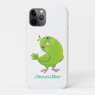 可愛い緑の好奇心のインコ漫画イラストレーション iPhone 11 PROケース
