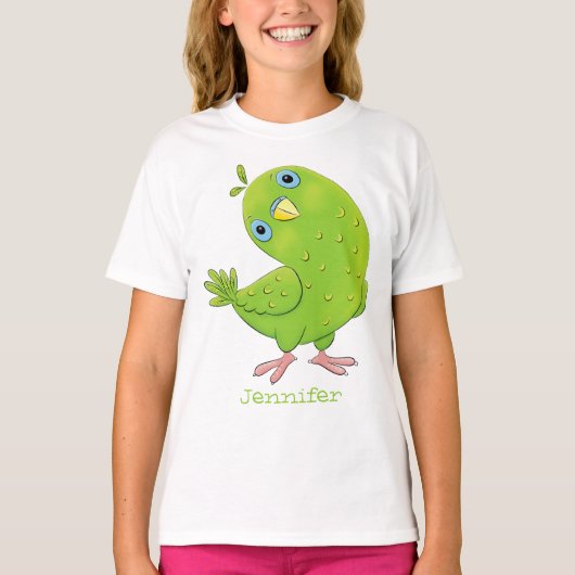 可愛い緑の好奇心のインコ漫画イラストレーション Tシャツ (正面)