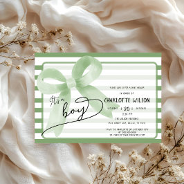 可愛い緑の弓の男の子ベビーストライプシャワー 招待状