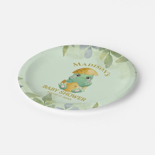 可愛い緑の恐竜の男の子の赤ちゃんシャワー ペーパープレート (アングル)