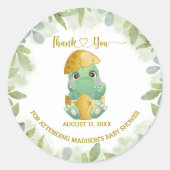 可愛い緑の恐竜の男の子の赤ちゃんシャワー ラウンドシール (正面)