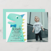 可愛い緑の恐竜の誕生日パーティーカスタム写真 招待状 (正面/裏面)