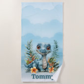 可愛い緑の恐竜の雲スカイボーイ ビーチタオル (正面)