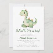 可愛い緑の恐竜QRコードボーイベビーシャワー 招待状 (正面)