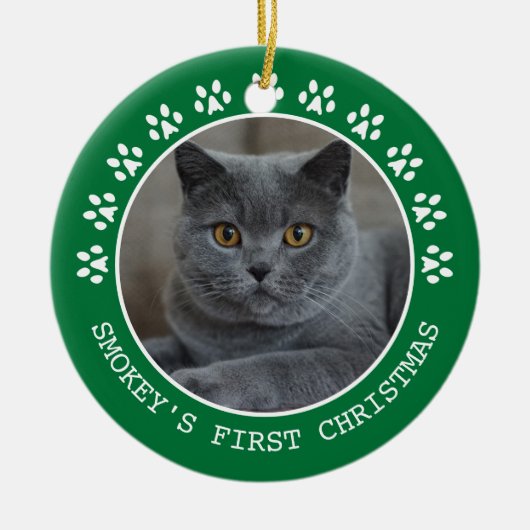 可愛い緑の手プリント写真フレームクリスマス セラミックオーナメント (正面)