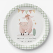 可愛い緑の格子柄サボホラマベビーシャワー ペーパープレート (正面)