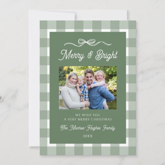 可愛い緑の格子模様クリスマスファミリーフォト シーズンカード (正面)
