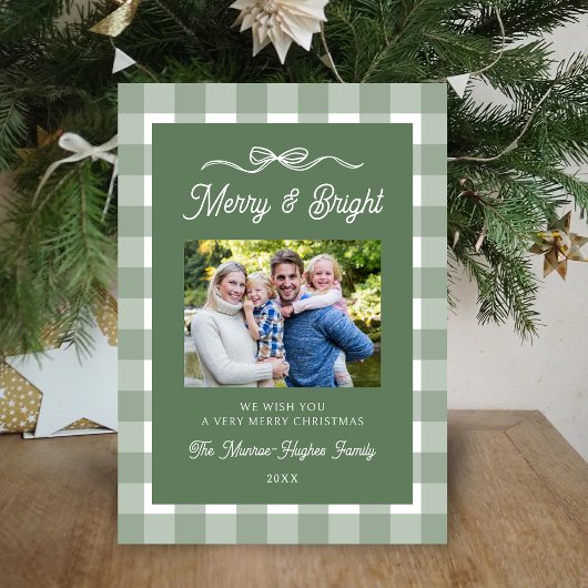 可愛い緑の格子模様クリスマスファミリーフォト シーズンカード