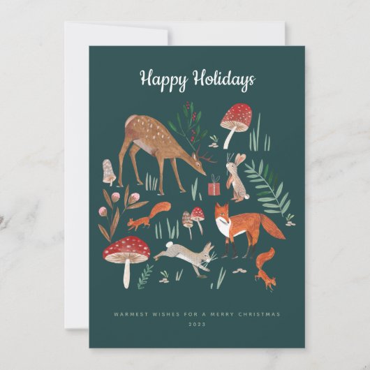 可愛い緑の森の動物の家族の写真クリスマス シーズンカード (正面)