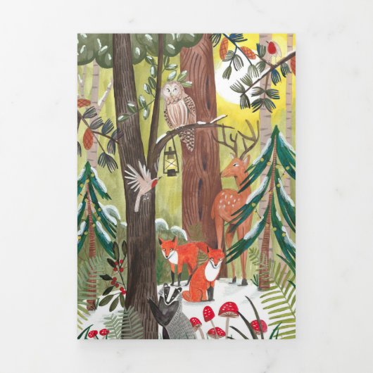 可愛い緑の森の動物の家族の写真クリスマス 三つ折り招待状 (カバー)