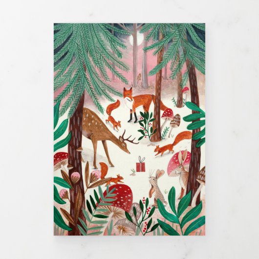 可愛い緑の森の動物の家族の写真クリスマス 三つ折り招待状 (カバー)