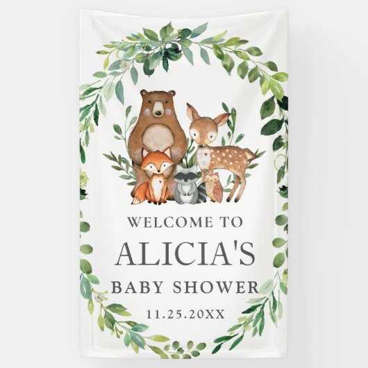 可愛い緑の森の動物の赤ちゃんシャワー背景 横断幕 (縦)