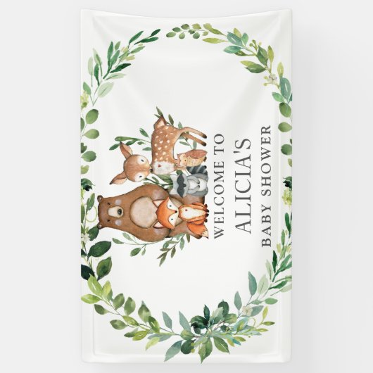 可愛い緑の森の動物の赤ちゃんシャワー背景 横断幕 (縦)
