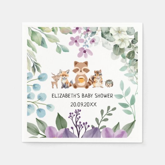 可愛い緑の森の動物ウッドランドペーパーナプキン スタンダードカクテルナプキン (正面)