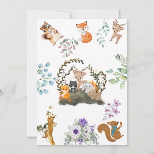 可愛い緑の森の動物ウッドランド1歳の誕生日 招待状 (裏面)