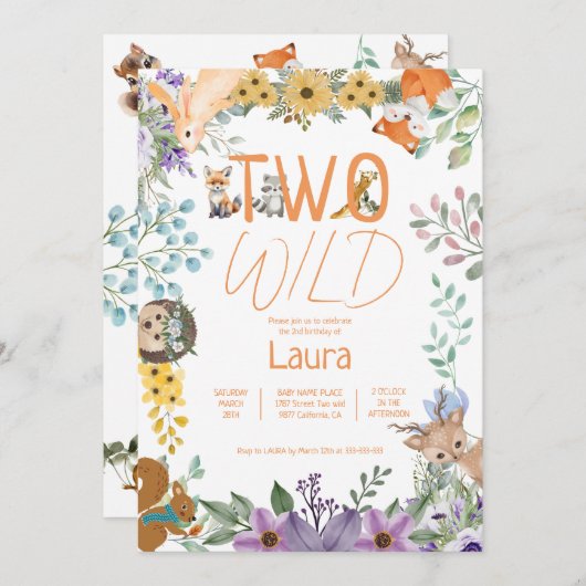 可愛い緑の森の動物ウッドランド2歳の誕生日 招待状 (正面/裏面)