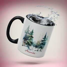 可愛い緑の水色の松の森クリスマス マグカップ