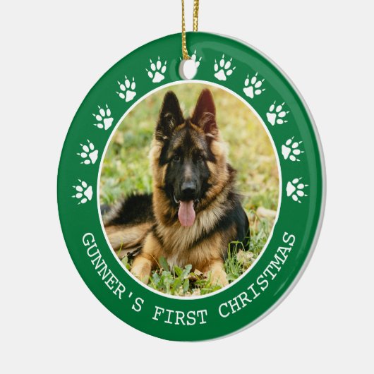可愛い緑の犬の足プリント写真フレームクリスマス セラミックオーナメント (左)