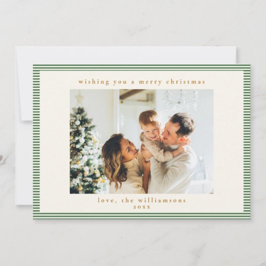 可愛い緑の白いストライプカスタム写真クリスマス シーズンカード (正面)