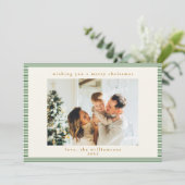 可愛い緑の白いストライプカスタム写真クリスマス シーズンカード (スタンド正面)