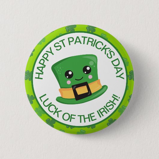 可愛い緑の笑顔アイリッシュラッキーレプレシャン帽子 缶バッジ (正面)