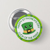 可愛い緑の笑顔アイリッシュラッキーレプレシャン帽子 缶バッジ (正面&裏面)