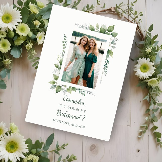 可愛い緑の葉のフレーム花嫁の写真の提案 (Cherish Cute Green Foliage Frame Bridesmaid Photo Proposal Card.)