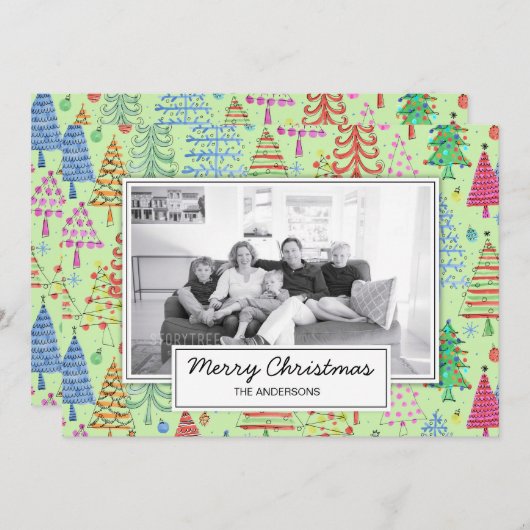 可愛い緑の赤い青のクリスマスツリーファミリーフォト シーズンカード (正面/裏面)