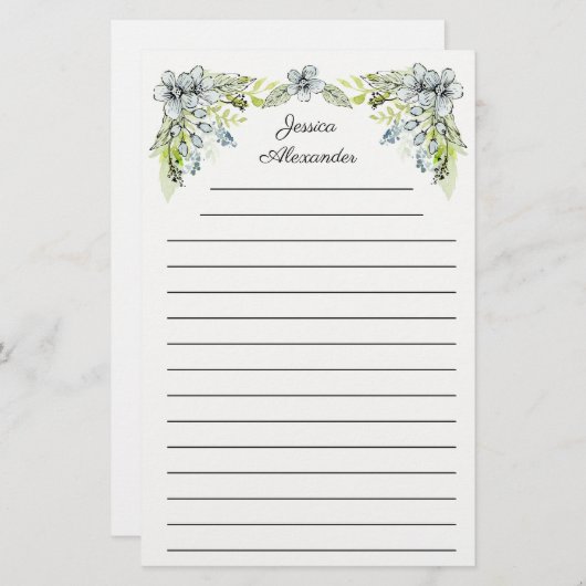 可愛い緑の青い手描き花名 便箋 (正面/裏面)