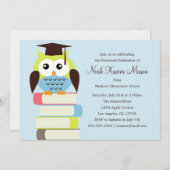 可愛い緑/青フクロウ|卒業パーティー招待状 招待状 (正面/裏面)