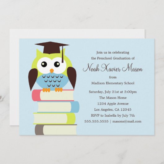 可愛い緑/青フクロウ|卒業パーティー招待状 招待状 (正面/裏面)