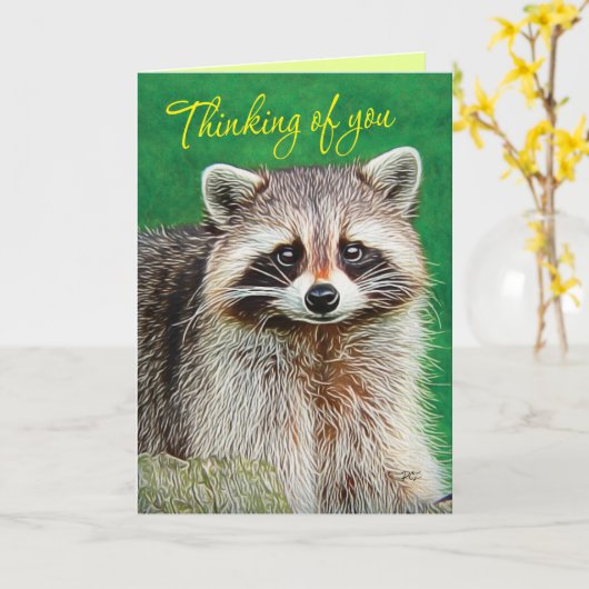 可愛い考えるアライグマ カード (黄色い花)