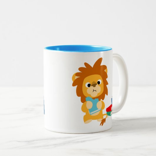 可愛い考え漫画ライオンの食べ物 ツートーンマグカップ (正面右)