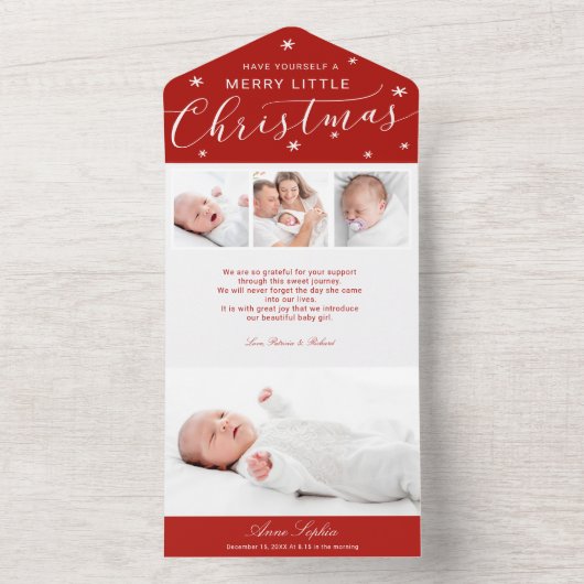 可愛い脚本写真クリスマス誕生発表 オールインワン招待状 (内側)