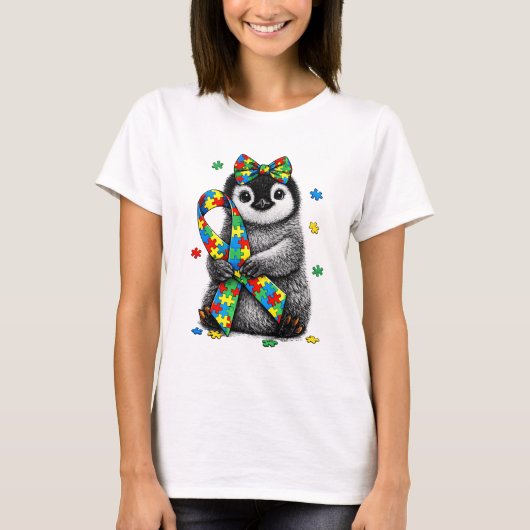 可愛い自閉症啓発ペンギンパズルリボン4月 Tシャツ (正面)