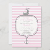 可愛い航海のストライプいかりピンクの女の子の赤ちゃんシャワー 招待状 (正面)