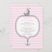 可愛い航海のストライプいかりピンクの女の子の赤ちゃんシャワー 招待状 (正面/裏面)