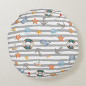 可愛い航海のストライプ模様のクジラのネイビーボートグレー ラウンドクッション (裏面)