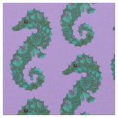 可愛い航海のティール（緑がかった色）と紫のシーホース柄 ファブリック (クローズアップ)