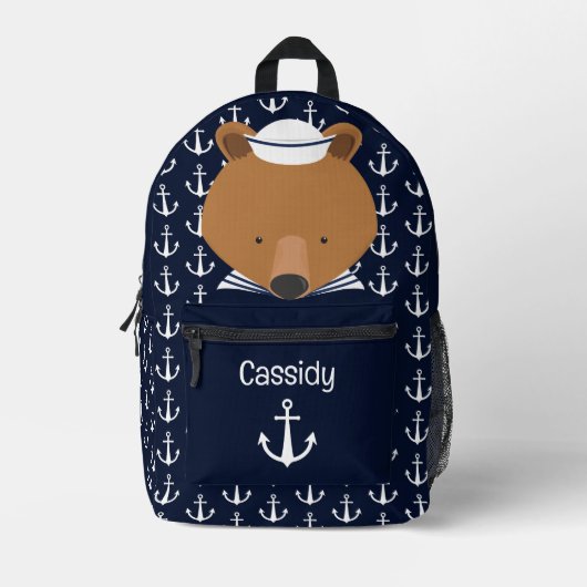 可愛い航海のテディベアの子供の名前 プリントバックパック (正面)
