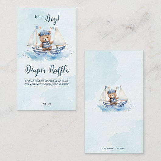 可愛い航海のテディベアボートベビーおむつラッフル エンクロージャーカード (正面/裏面)