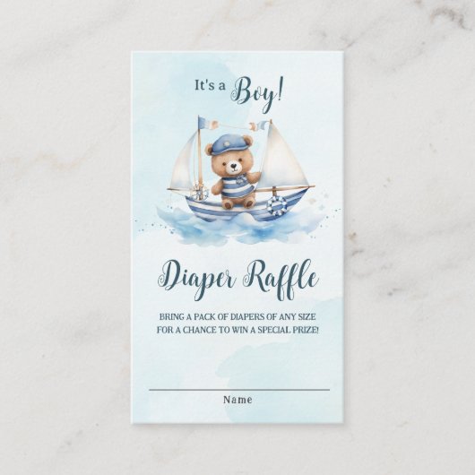 可愛い航海のテディベアボートベビーおむつラッフル エンクロージャーカード (正面)