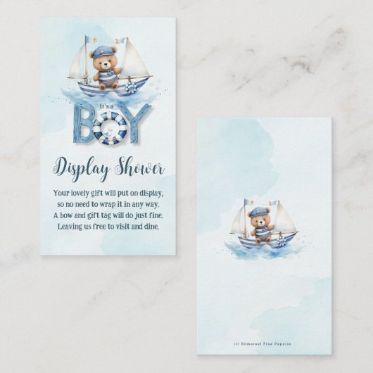 可愛い航海のテディベアボートベビーディスプレイシャワー エンクロージャーカード (正面/裏面)