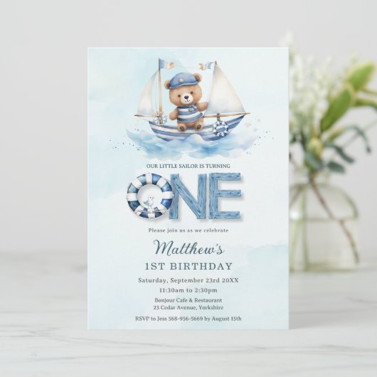 可愛い航海のブルーボートテディベア1st誕生日 招待状 (スタンド正面)