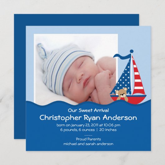 可愛い航海の帆船男の赤ちゃん写真発表 案内状 (正面/裏面)