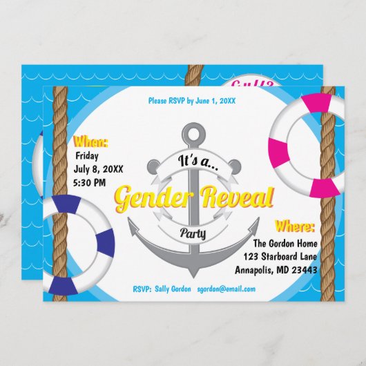 可愛い航海の性別がパーティー投資を明かす 招待状 (正面/裏面)