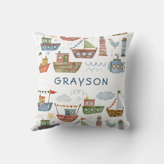 可愛い航海の水の色のボート男の赤ちゃん追加の名前 クッション (裏面)