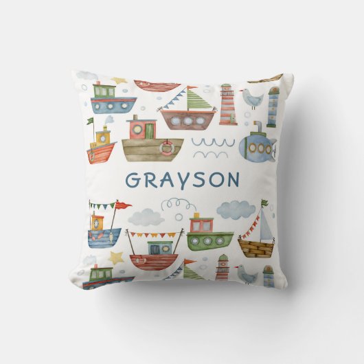 可愛い航海の水の色のボート男の赤ちゃん追加の名前 クッション (正面)